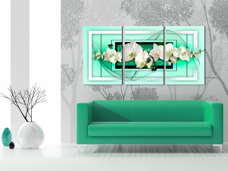 Canvas April (3-part) - white orchid flowers on a teal background 53141 additionalImage 3