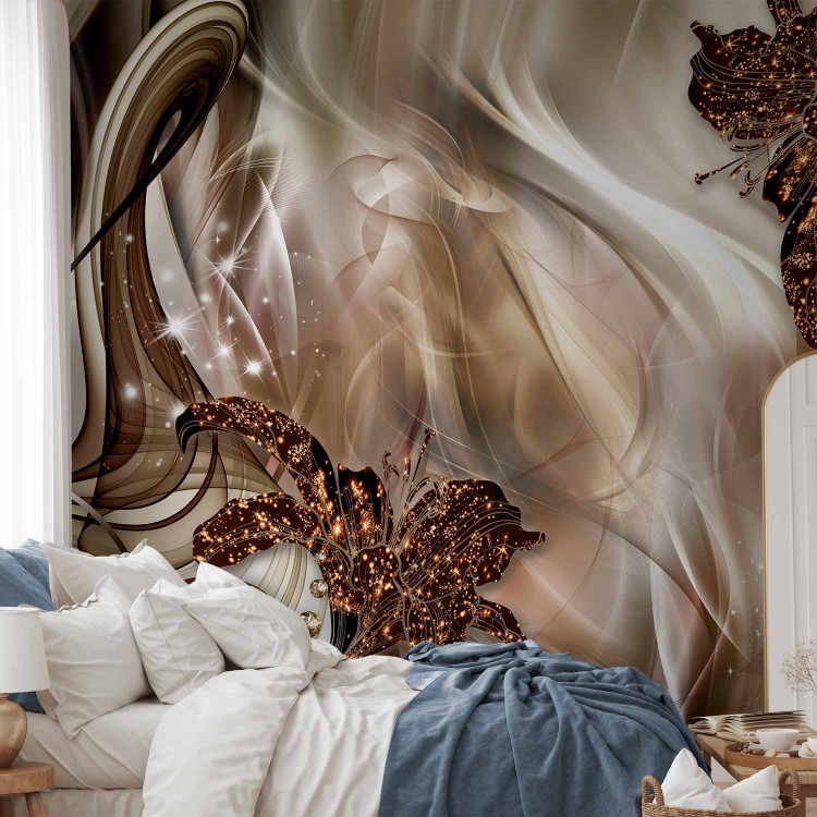 Wall Mural Abstraction - brown lilies with diamonds on a fancy background with waves 90541 additionalImage 2