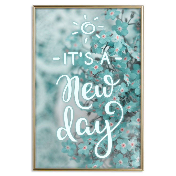 Wall Poster It's a new day - turquoise composition with flowers and English text 116351 additionalImage 16