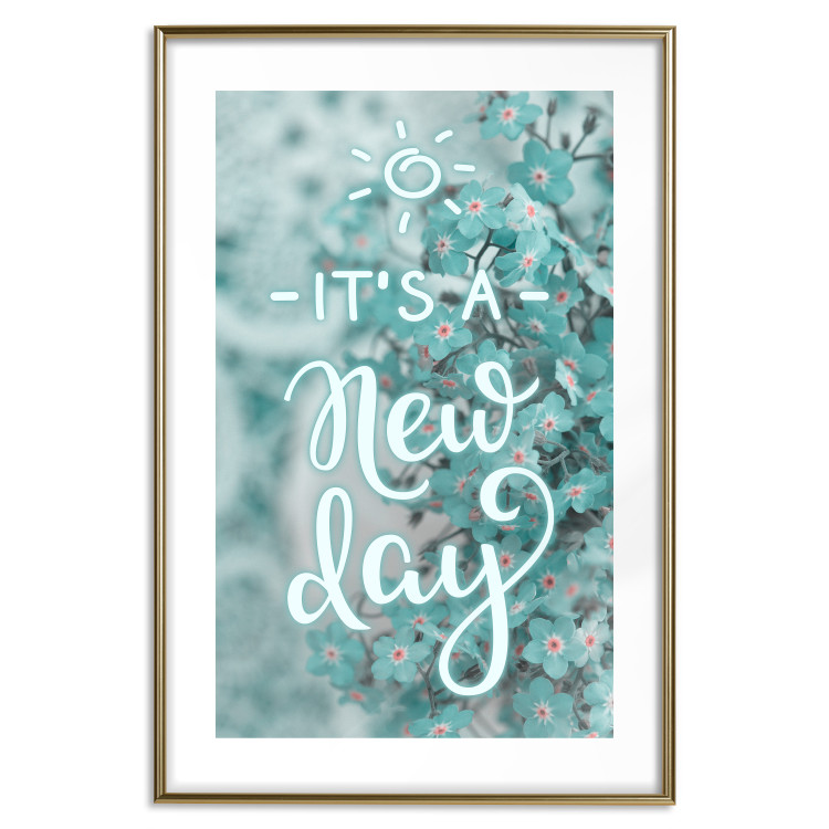 Wall Poster It's a new day - turquoise composition with flowers and English text 116351 additionalImage 14