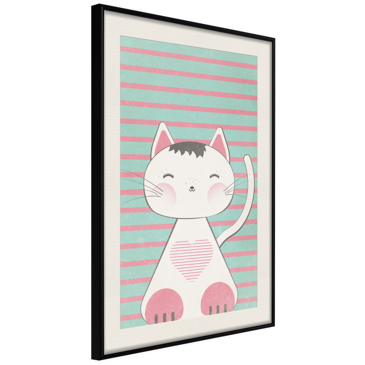 Poster Striped Kitty - animal with a heart on turquoise striped wall 129551 additionalImage 2