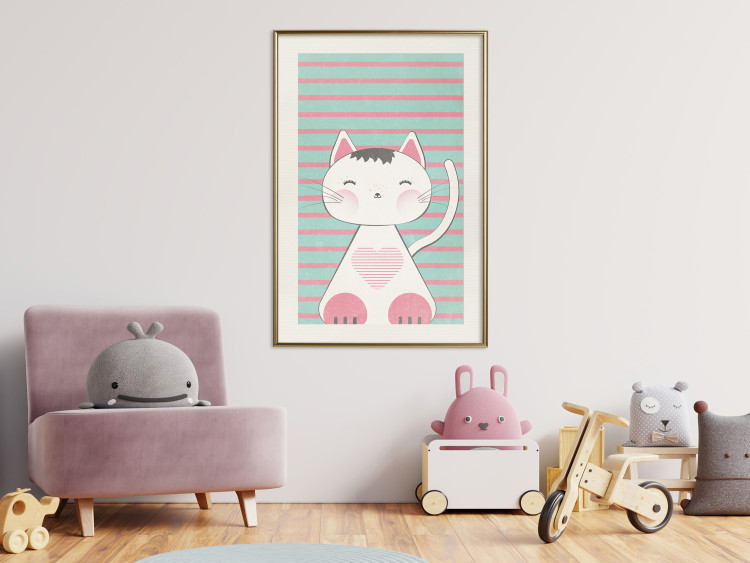 Poster Striped Kitty - animal with a heart on turquoise striped wall 129551 additionalImage 22