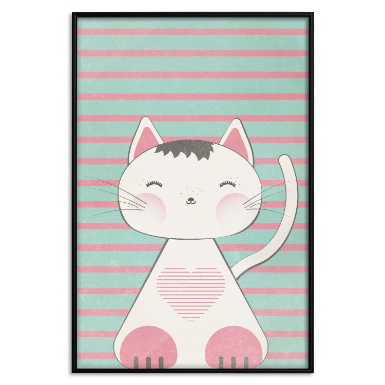 Poster Striped Kitty - animal with a heart on turquoise striped wall 129551 additionalImage 18