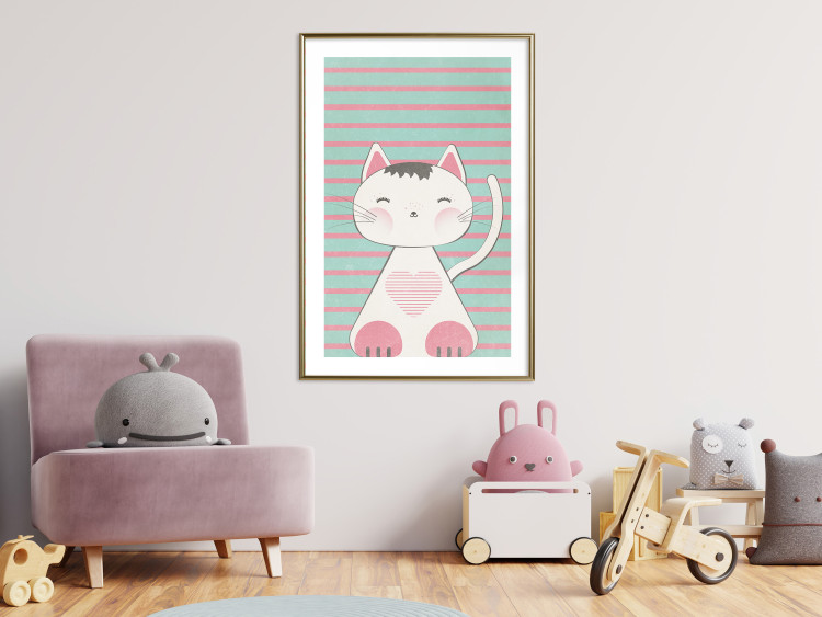 Poster Striped Kitty - animal with a heart on turquoise striped wall 129551 additionalImage 15