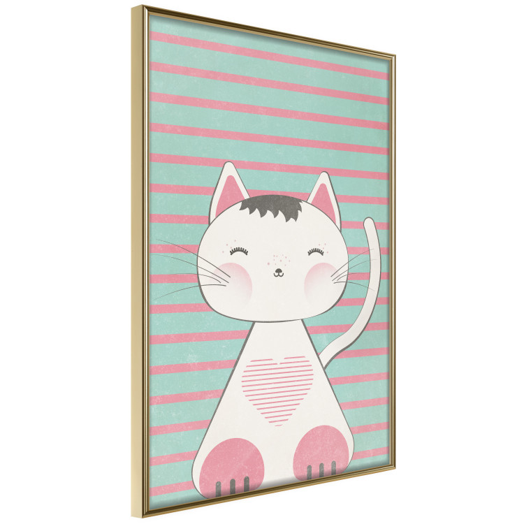 Poster Striped Kitty - animal with a heart on turquoise striped wall 129551 additionalImage 14