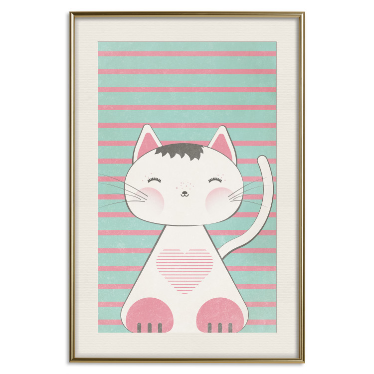 Poster Striped Kitty - animal with a heart on turquoise striped wall 129551 additionalImage 20