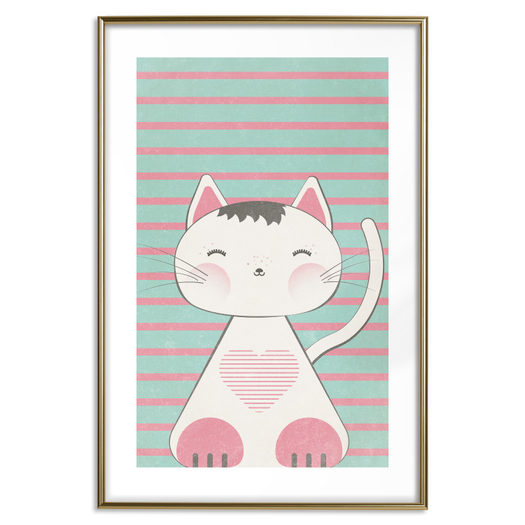 Poster Striped Kitty - animal with a heart on turquoise striped wall 129551 additionalImage 16