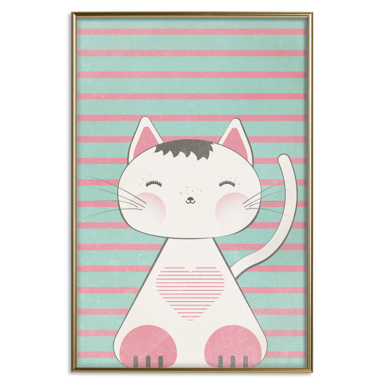 Poster Striped Kitty - animal with a heart on turquoise striped wall 129551 additionalImage 21