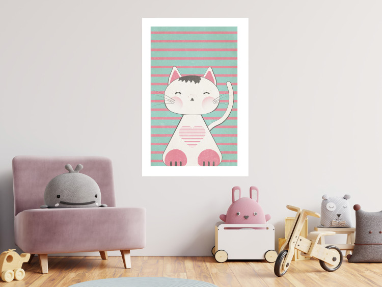 Poster Striped Kitty - animal with a heart on turquoise striped wall 129551 additionalImage 5