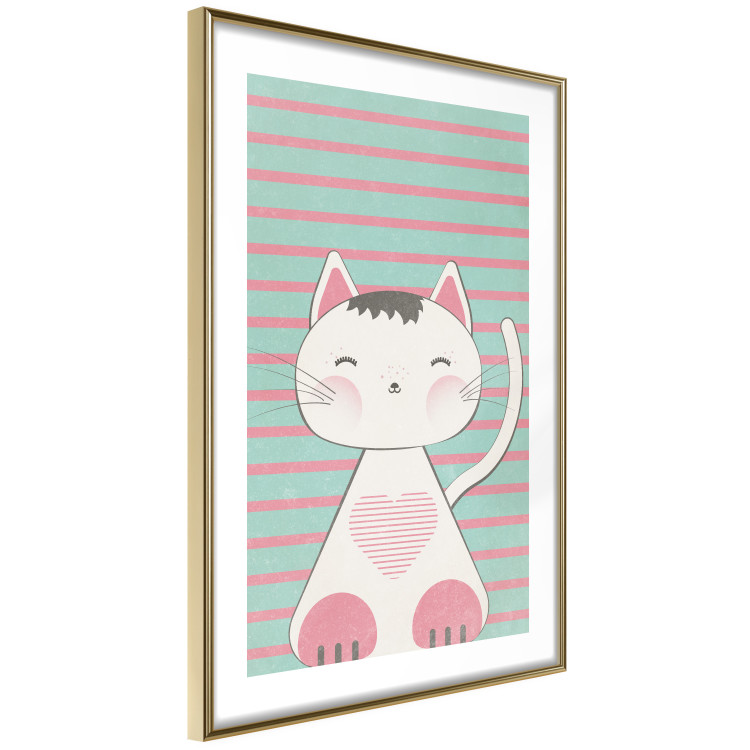 Poster Striped Kitty - animal with a heart on turquoise striped wall 129551 additionalImage 9