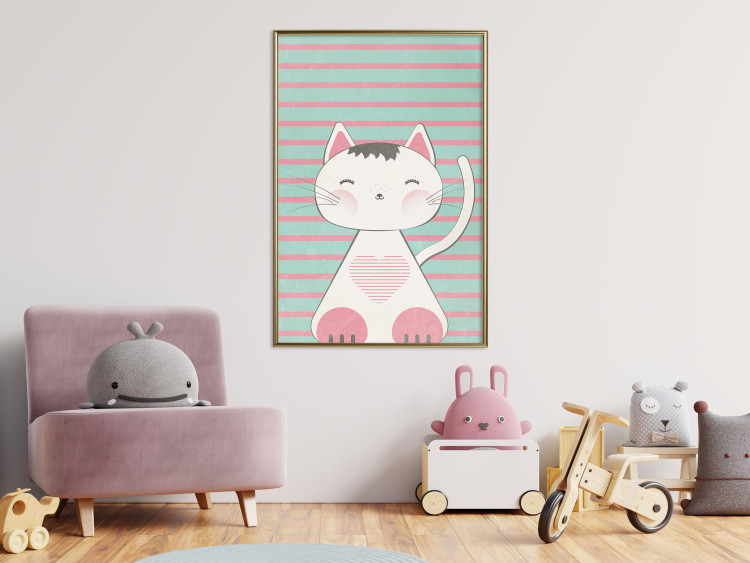 Poster Striped Kitty - animal with a heart on turquoise striped wall 129551 additionalImage 7