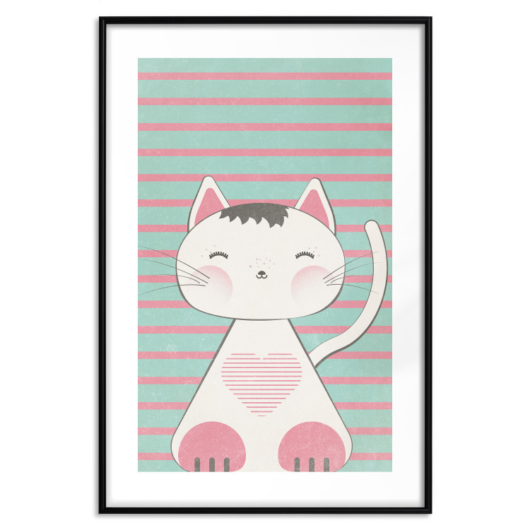 Poster Striped Kitty - animal with a heart on turquoise striped wall 129551 additionalImage 17