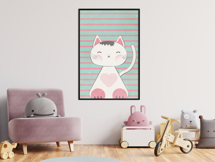 Poster Striped Kitty - animal with a heart on turquoise striped wall 129551 additionalImage 6