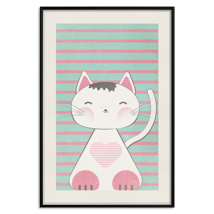 Poster Striped Kitty - animal with a heart on turquoise striped wall 129551 additionalImage 19