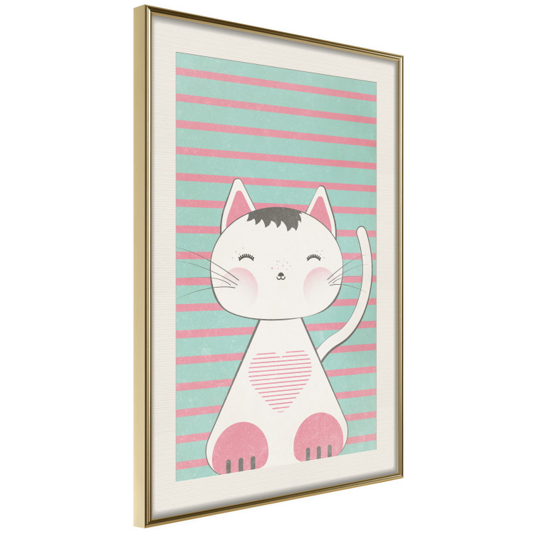 Poster Striped Kitty - animal with a heart on turquoise striped wall 129551 additionalImage 3
