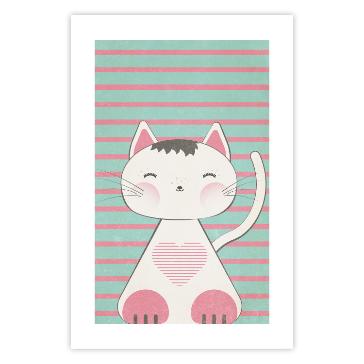 Poster Striped Kitty - animal with a heart on turquoise striped wall 129551 additionalImage 25