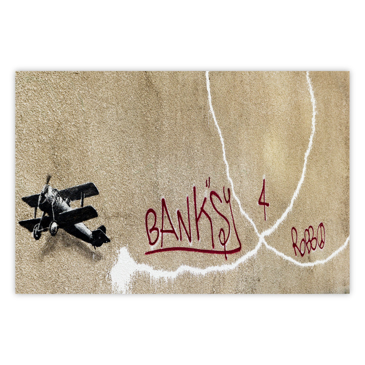 Wall Poster Biplane - mural of an airplane and red graffiti on a light wall 132451