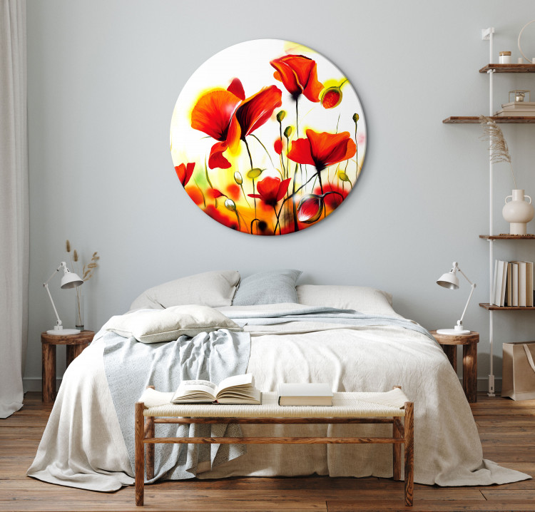 Round Canvas Red Poppies - Meadow Full of Flowers Immersed in the Morning Sun 148751 additionalImage 3