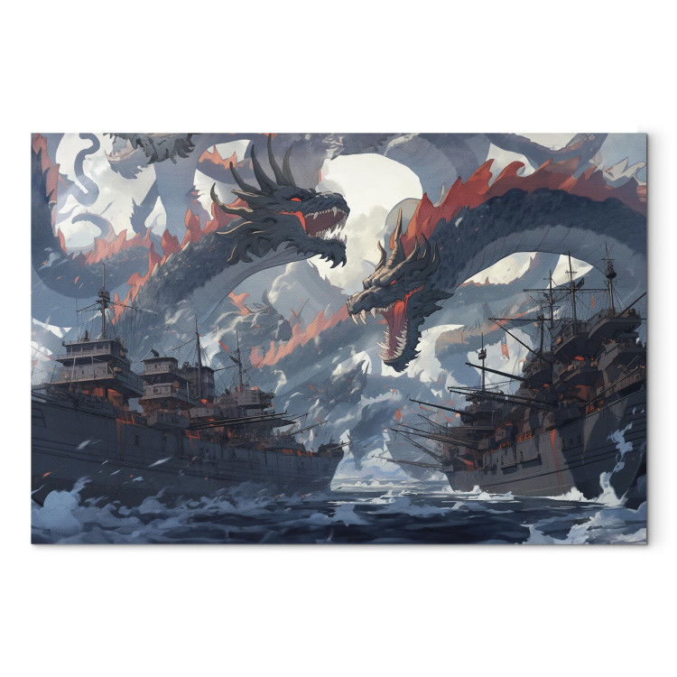 Canvas Art Print Sea Battle - Warships and Monsters in the Stormy Ocean 150651