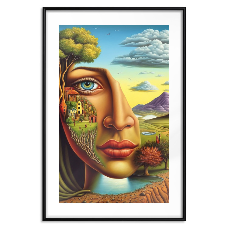 Wall Poster Abstract Face - Portrait of a Woman Against the Background of Mountains and a Small Town 151151 additionalImage 14