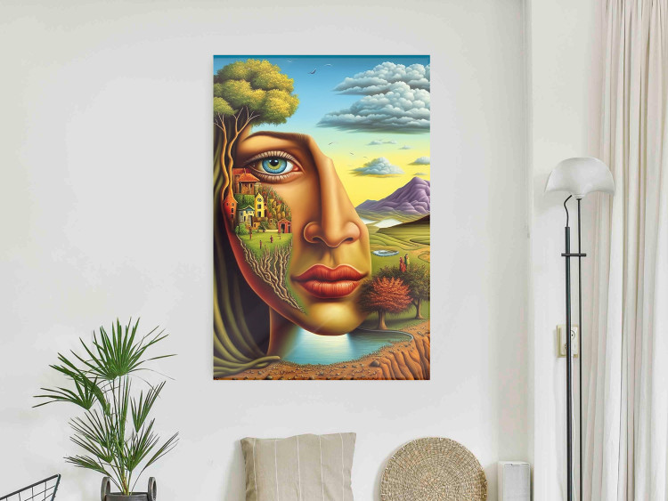 Wall Poster Abstract Face - Portrait of a Woman Against the Background of Mountains and a Small Town 151151 additionalImage 8