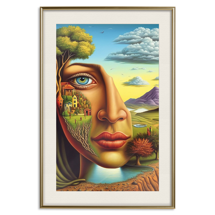 Wall Poster Abstract Face - Portrait of a Woman Against the Background of Mountains and a Small Town 151151 additionalImage 25