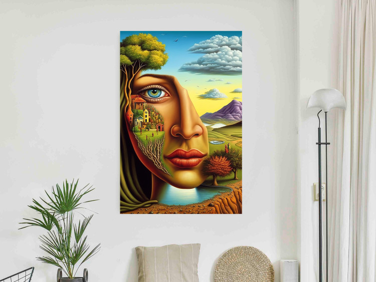Wall Poster Abstract Face - Portrait of a Woman Against the Background of Mountains and a Small Town 151151 additionalImage 11