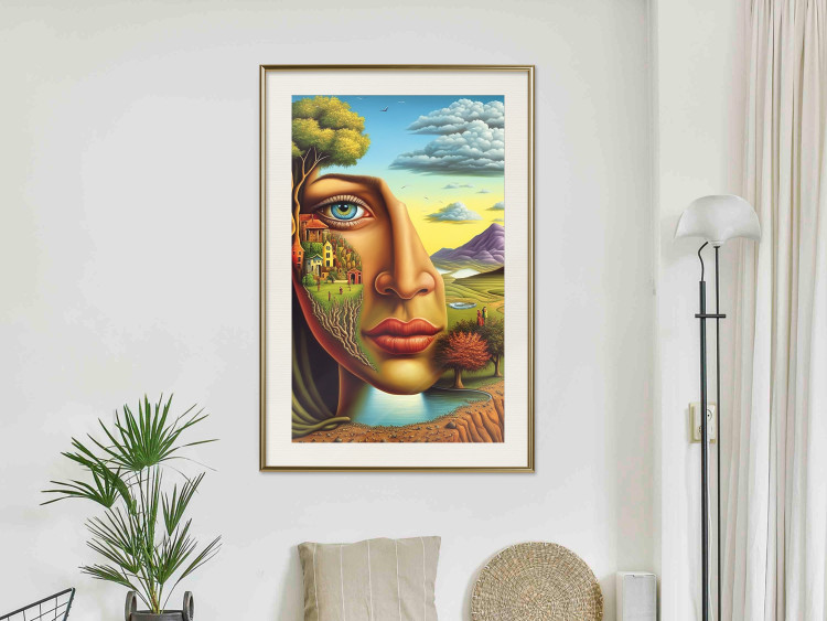 Wall Poster Abstract Face - Portrait of a Woman Against the Background of Mountains and a Small Town 151151 additionalImage 24