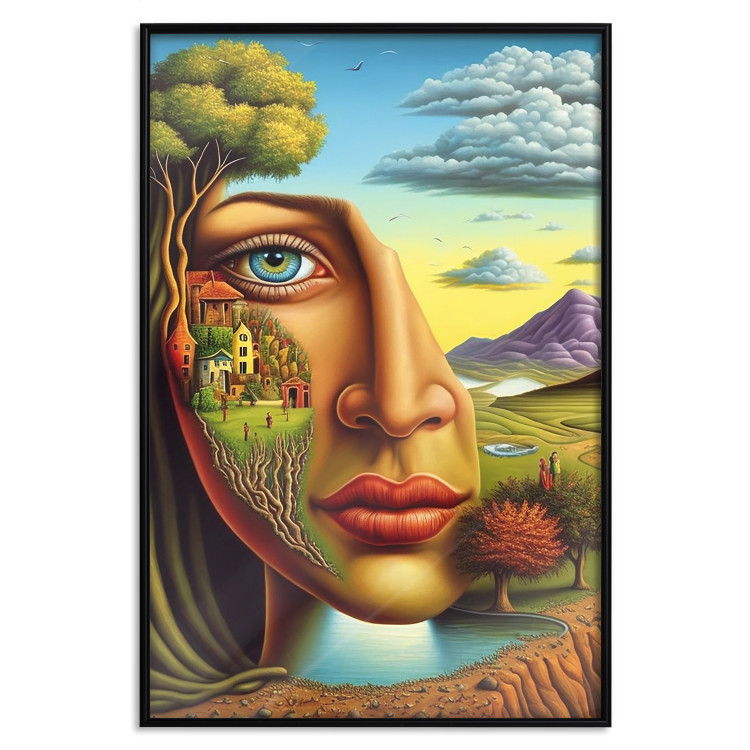 Wall Poster Abstract Face - Portrait of a Woman Against the Background of Mountains and a Small Town 151151 additionalImage 21
