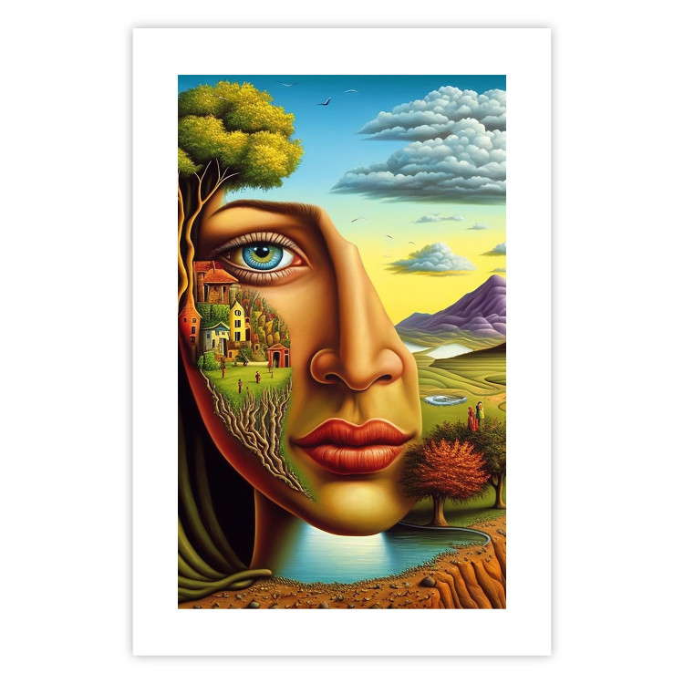Wall Poster Abstract Face - Portrait of a Woman Against the Background of Mountains and a Small Town 151151 additionalImage 20