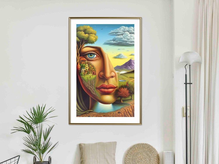 Wall Poster Abstract Face - Portrait of a Woman Against the Background of Mountains and a Small Town 151151 additionalImage 17