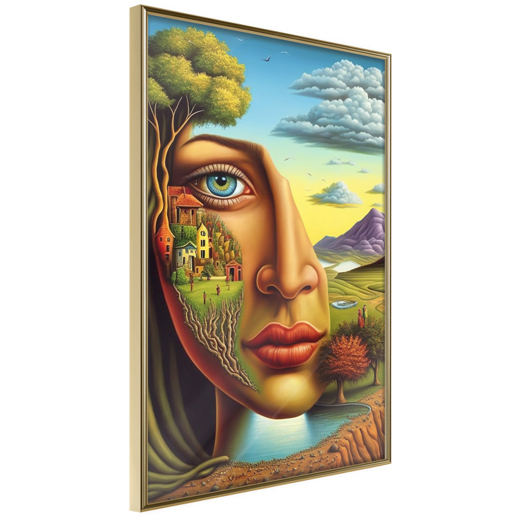 Wall Poster Abstract Face - Portrait of a Woman Against the Background of Mountains and a Small Town 151151 additionalImage 22
