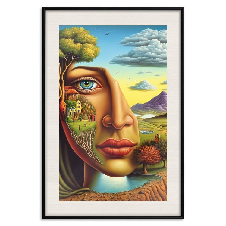 Wall Poster Abstract Face - Portrait of a Woman Against the Background of Mountains and a Small Town 151151 additionalImage 15