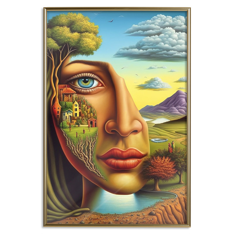 Wall Poster Abstract Face - Portrait of a Woman Against the Background of Mountains and a Small Town 151151 additionalImage 12