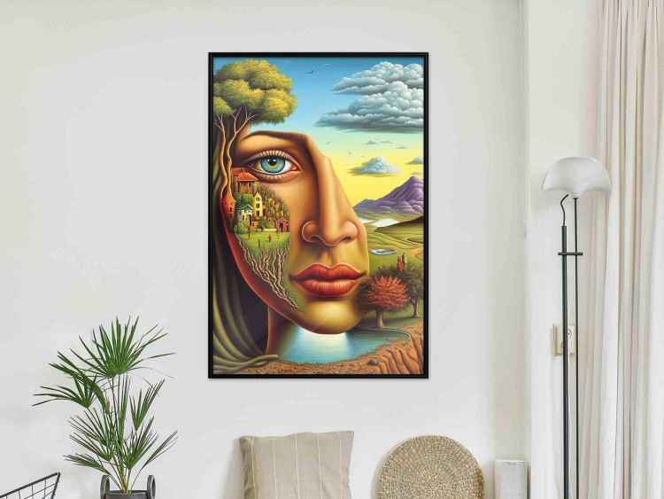 Wall Poster Abstract Face - Portrait of a Woman Against the Background of Mountains and a Small Town 151151 additionalImage 7
