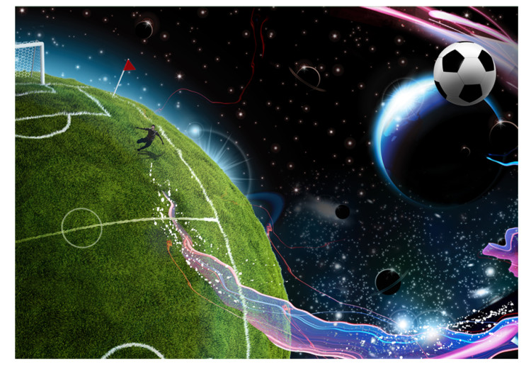 Wall Mural Cosmic Match - Soccer player playing on the field kicking the ball into space 61151 additionalImage 1