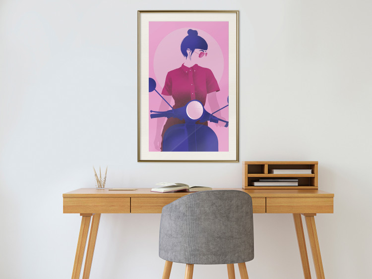 Wall Poster Woman on Scooter - woman on a motorcycle in pastel pink color 123361 additionalImage 22