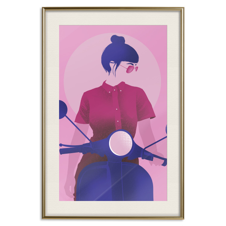 Wall Poster Woman on Scooter - woman on a motorcycle in pastel pink color 123361 additionalImage 23