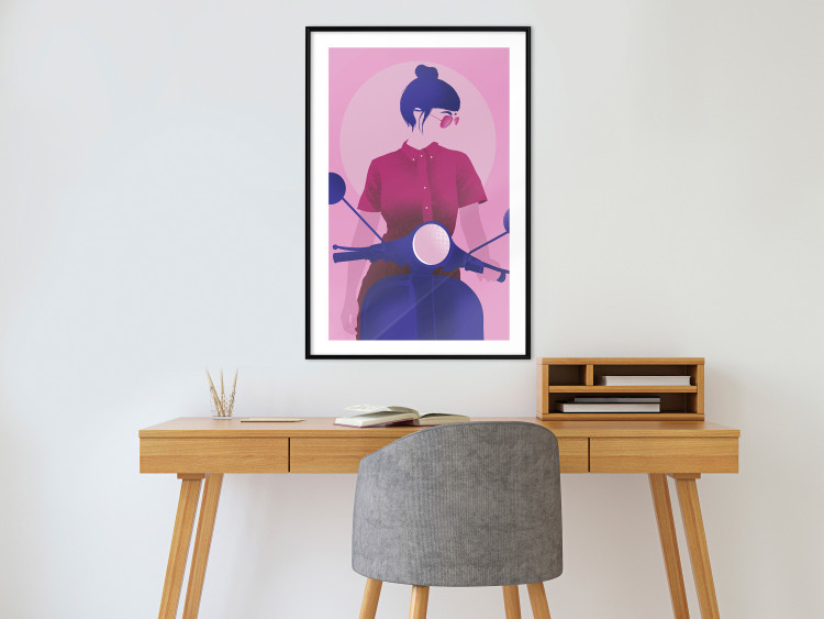 Wall Poster Woman on Scooter - woman on a motorcycle in pastel pink color 123361 additionalImage 6