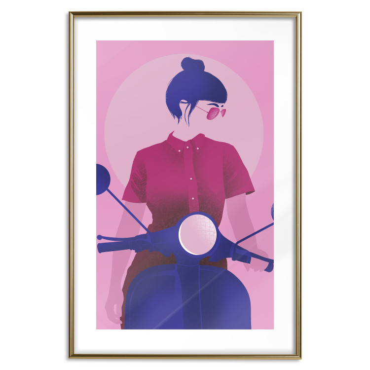 Wall Poster Woman on Scooter - woman on a motorcycle in pastel pink color 123361 additionalImage 27