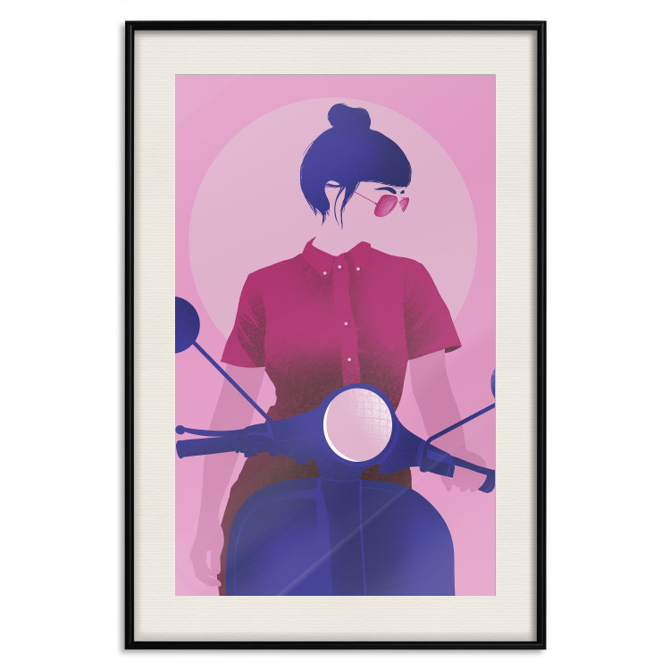 Wall Poster Woman on Scooter - woman on a motorcycle in pastel pink color 123361 additionalImage 24