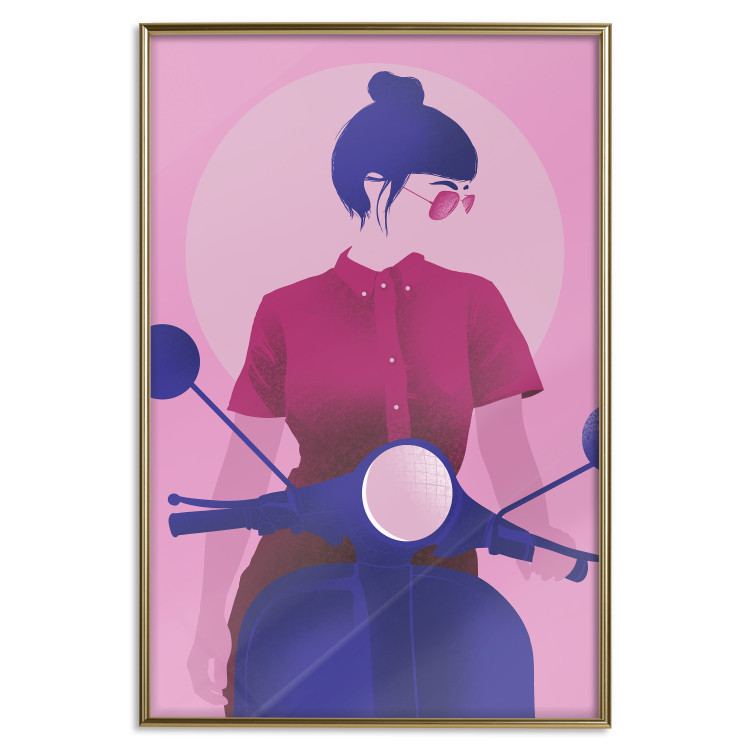 Wall Poster Woman on Scooter - woman on a motorcycle in pastel pink color 123361 additionalImage 26