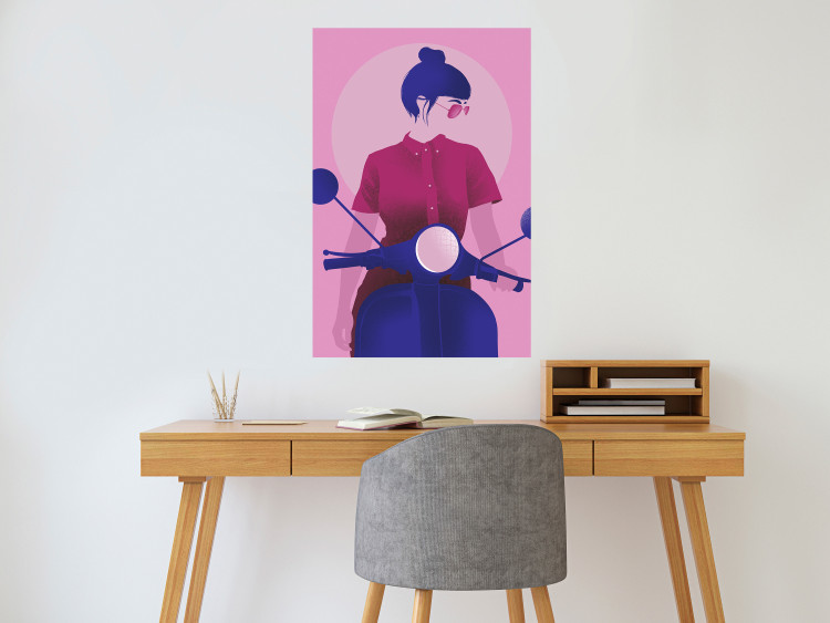 Wall Poster Woman on Scooter - woman on a motorcycle in pastel pink color 123361 additionalImage 20