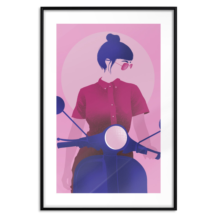 Wall Poster Woman on Scooter - woman on a motorcycle in pastel pink color 123361 additionalImage 25
