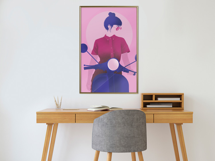 Wall Poster Woman on Scooter - woman on a motorcycle in pastel pink color 123361 additionalImage 7