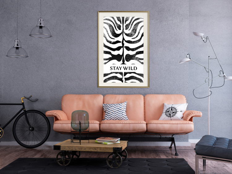 Poster Stay Wild - English inscriptions on a black-and-white zebra background 127061 additionalImage 24
