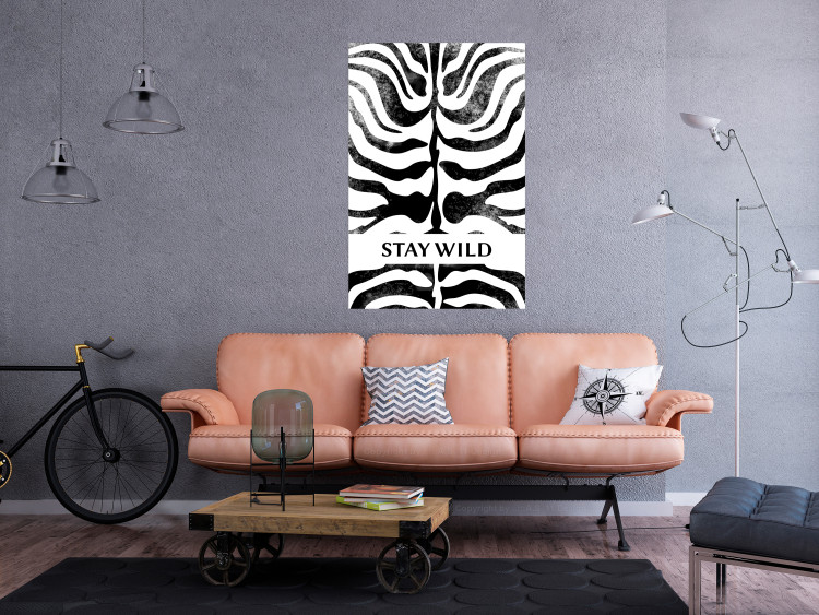 Poster Stay Wild - English inscriptions on a black-and-white zebra background 127061 additionalImage 2
