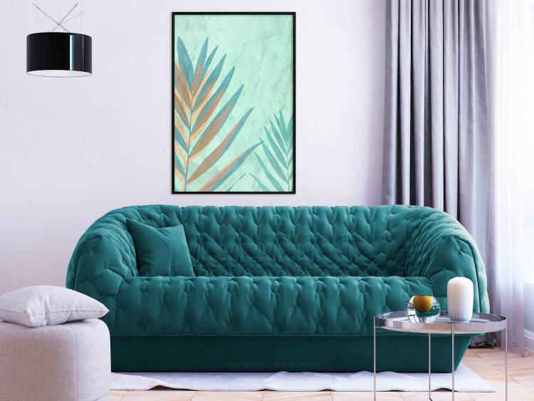 Wall Poster Subtle Exoticism - tropical leaves on blue texture background 127861 additionalImage 4