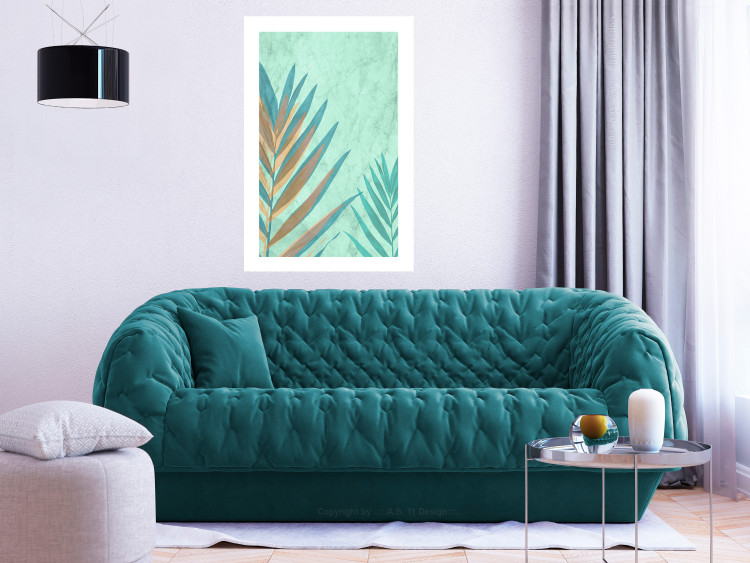 Wall Poster Subtle Exoticism - tropical leaves on blue texture background 127861 additionalImage 5