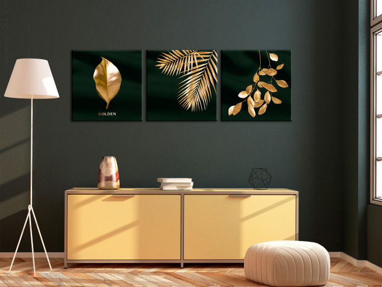 Canvas Print Noble Vegetation (3-piece) - luxurious gold-covered leaves 129761 additionalImage 3